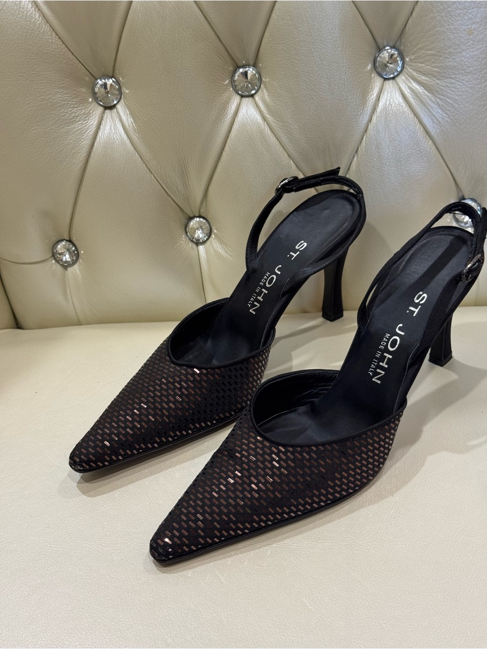 St. John Black and Brown Woven Slingback Pointed-Toe Heels